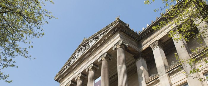 The neoclassical frontage and steps of the Harris Museum in Preston